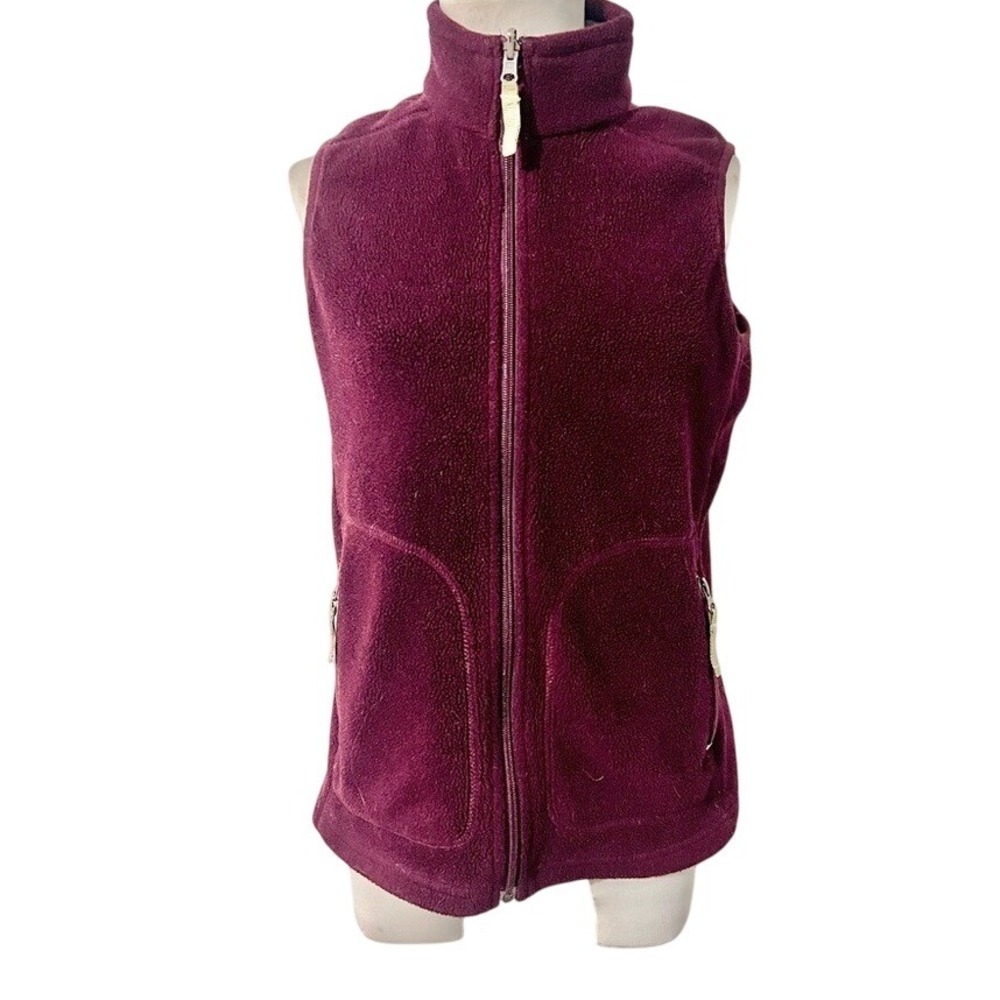 Eddie Bauer Womens Fleece Vest Burgundy Zip Pockets Mock Neck Size M Fall Winter